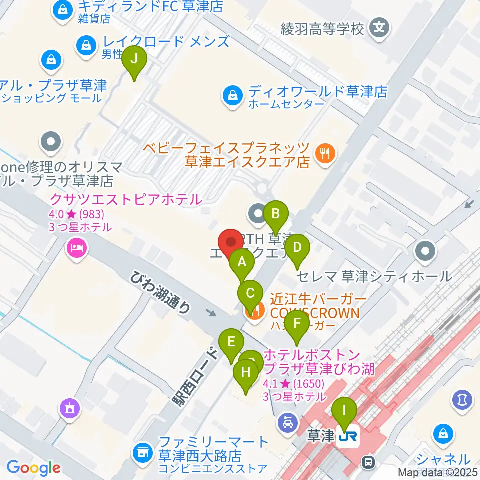 JEUGIA草津Aスクエア店周辺のカフェ一覧地図