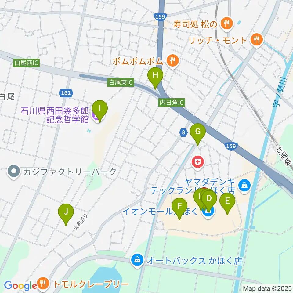 島村楽器 イオンモールかほく店周辺のカフェ一覧地図