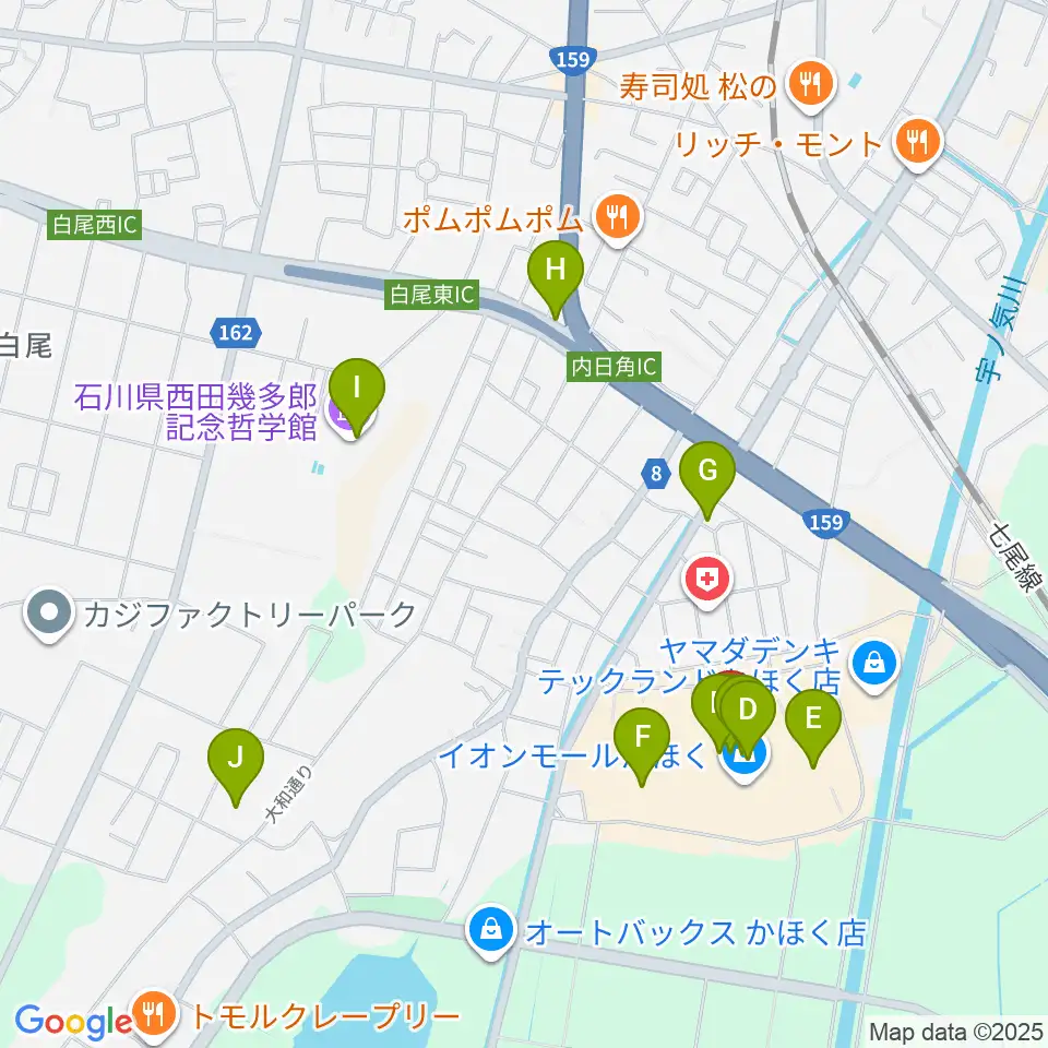 島村楽器 イオンモールかほく店周辺のカフェ一覧地図