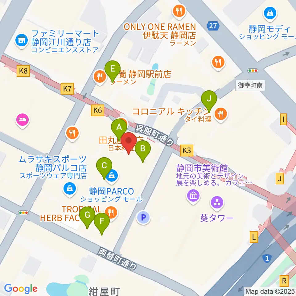 島村楽器 静岡パルコ店周辺のカフェ一覧地図