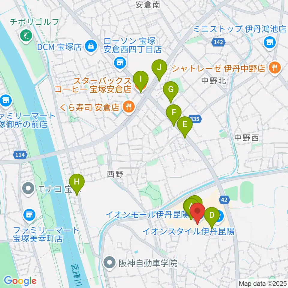 島村楽器 イオンモール伊丹昆陽店周辺のカフェ一覧地図
