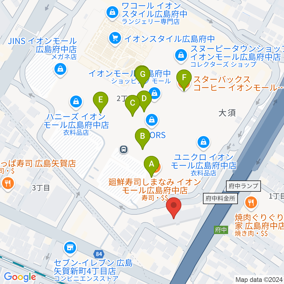 島村楽器 イオンモール広島府中店周辺のカフェ一覧地図