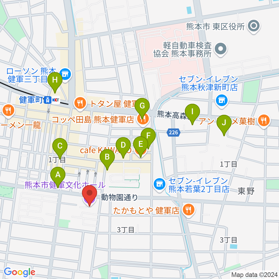 熊本市健軍文化ホール周辺のカフェ一覧地図