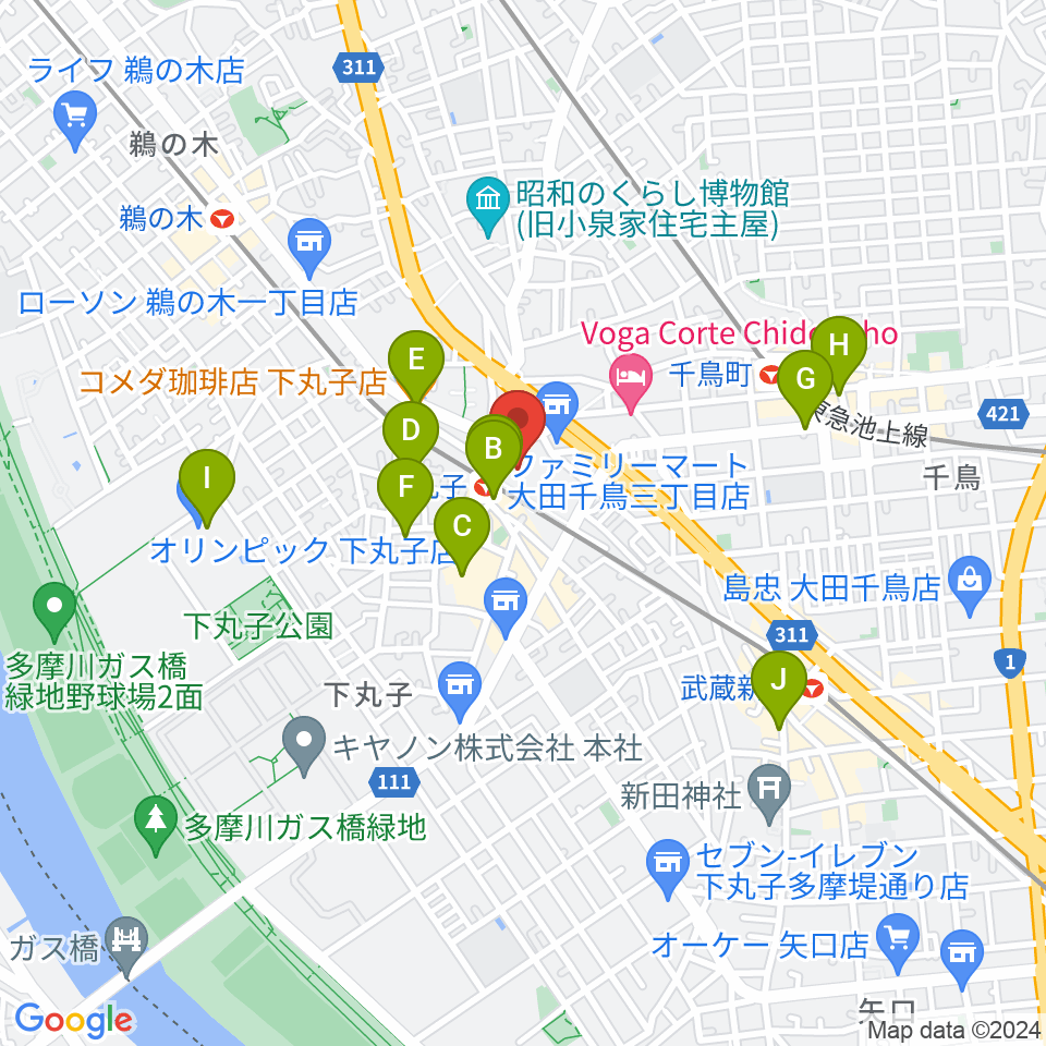 大田区民プラザ周辺のカフェ一覧地図