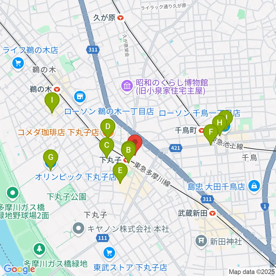 大田区民プラザ周辺のカフェ一覧地図