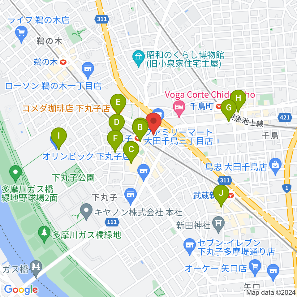 大田区民プラザ 音楽スタジオ周辺のカフェ一覧地図