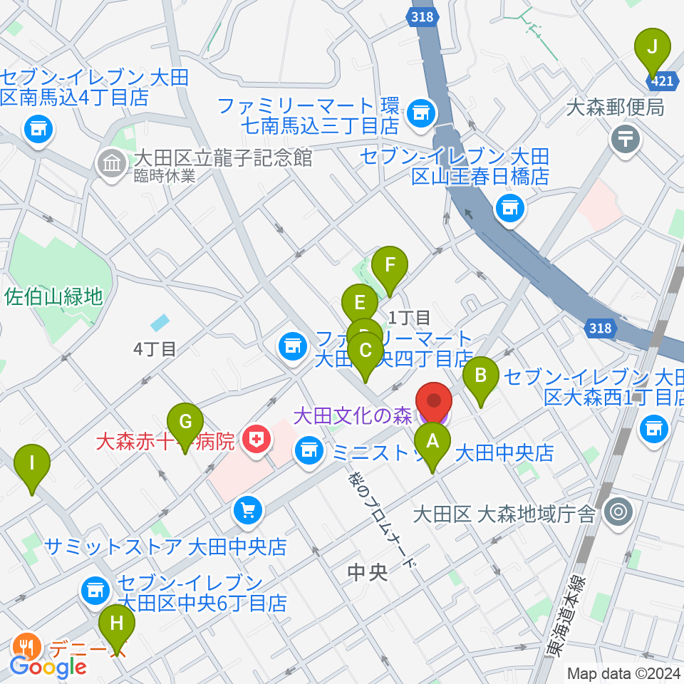 大田文化の森ホール周辺のカフェ一覧地図