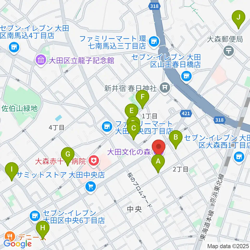大田文化の森ホール周辺のカフェ一覧地図