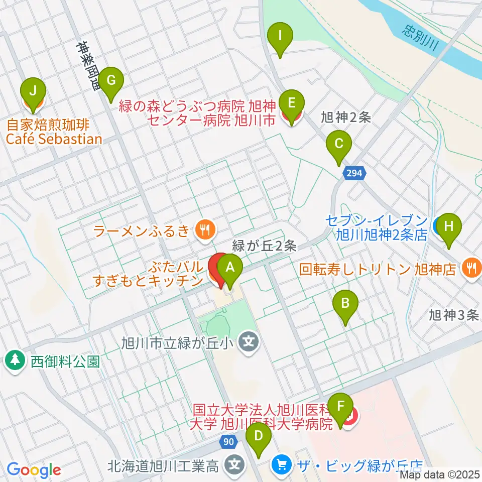 ローランド音楽教室旭川緑が丘校周辺のカフェ一覧地図