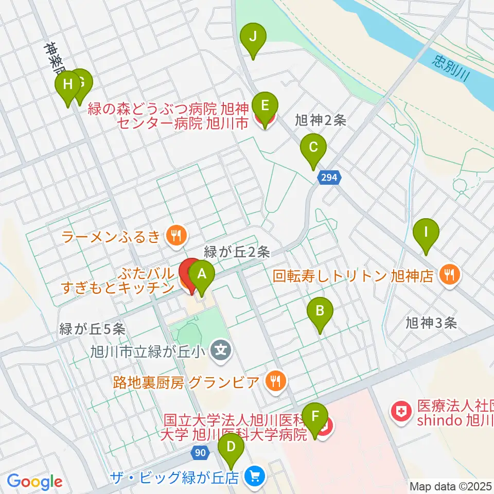 ローランド音楽教室旭川緑が丘校周辺のカフェ一覧地図