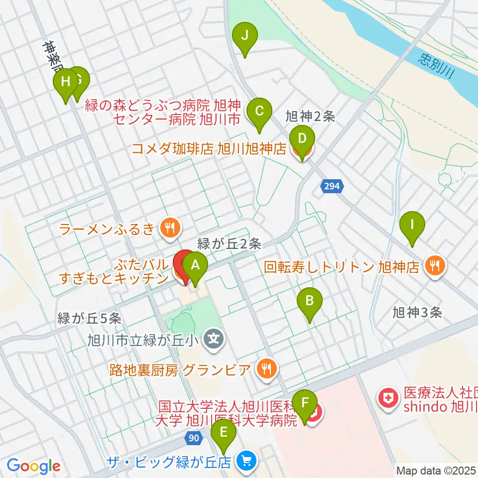 ローランド音楽教室旭川緑が丘校周辺のカフェ一覧地図