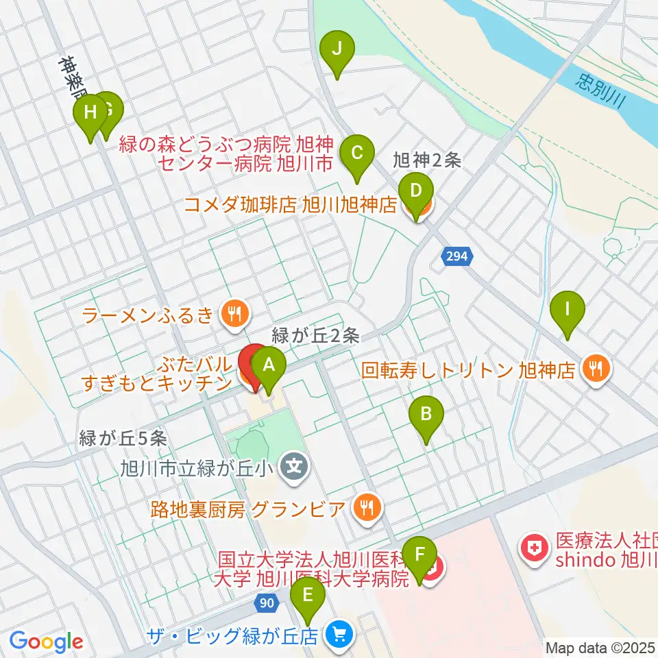 ローランド音楽教室旭川緑が丘校周辺のカフェ一覧地図