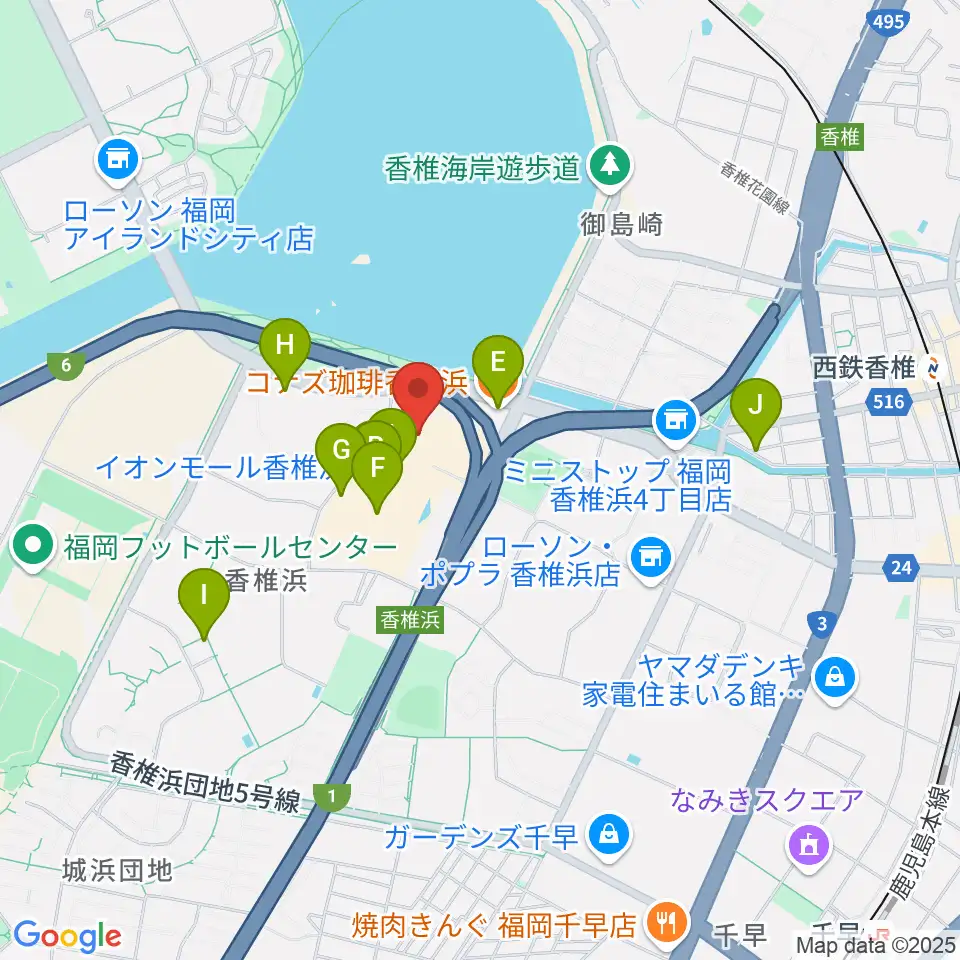 ヨシダ楽器イオン香椎浜店周辺のカフェ一覧地図
