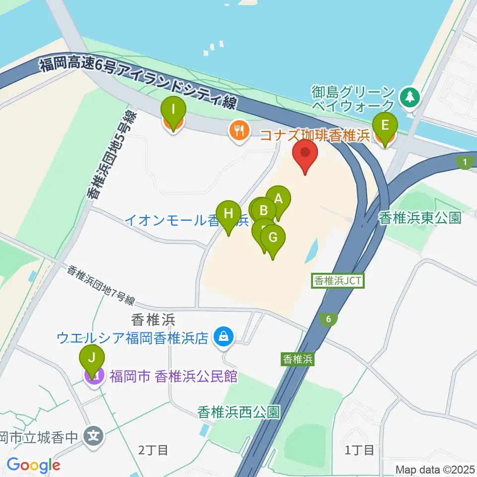 ヨシダ楽器イオン香椎浜店周辺のカフェ一覧地図
