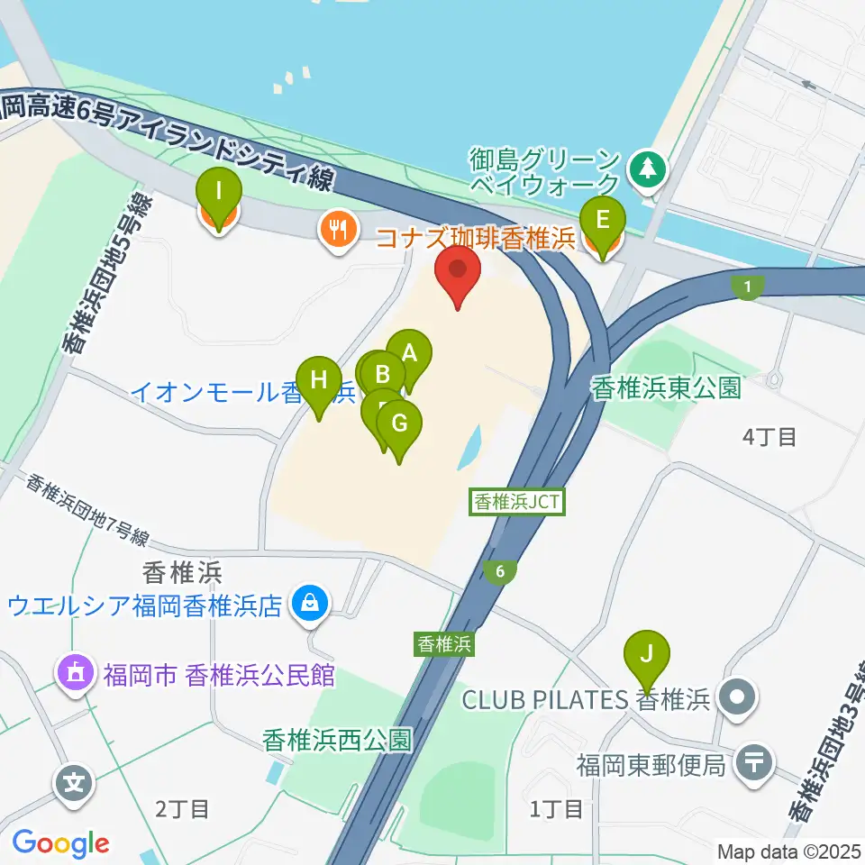 ヨシダ楽器イオン香椎浜店周辺のカフェ一覧地図