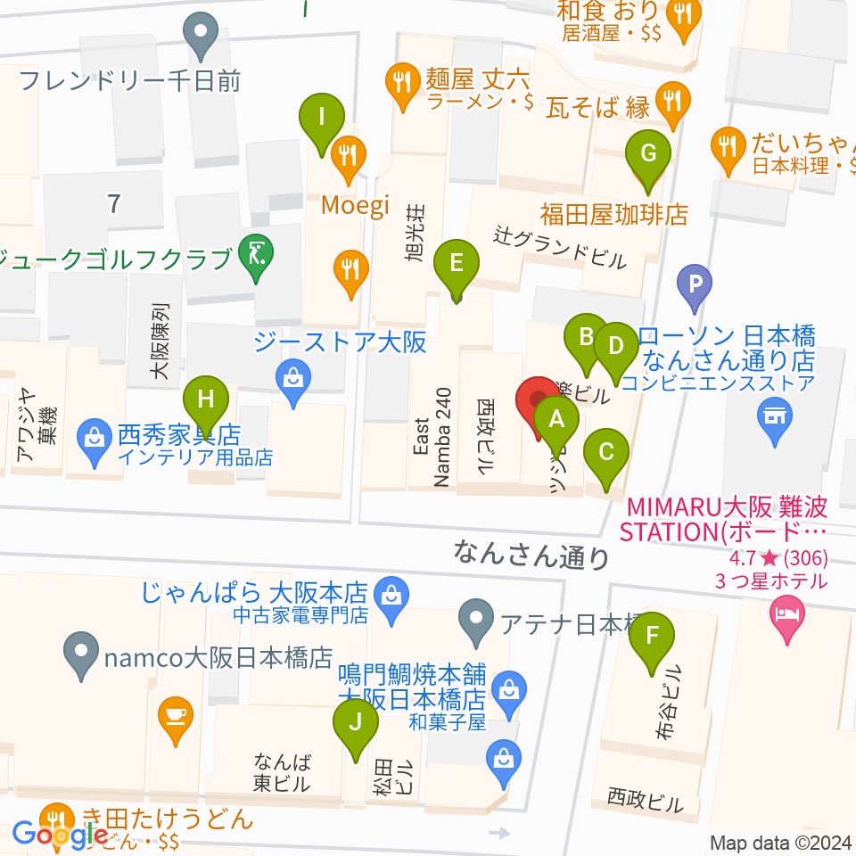 難波の楽器店テイクオフ周辺のカフェ一覧地図