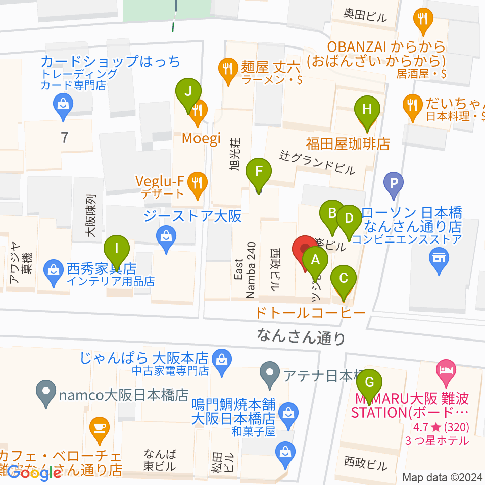 難波の楽器店テイクオフ周辺のカフェ一覧地図