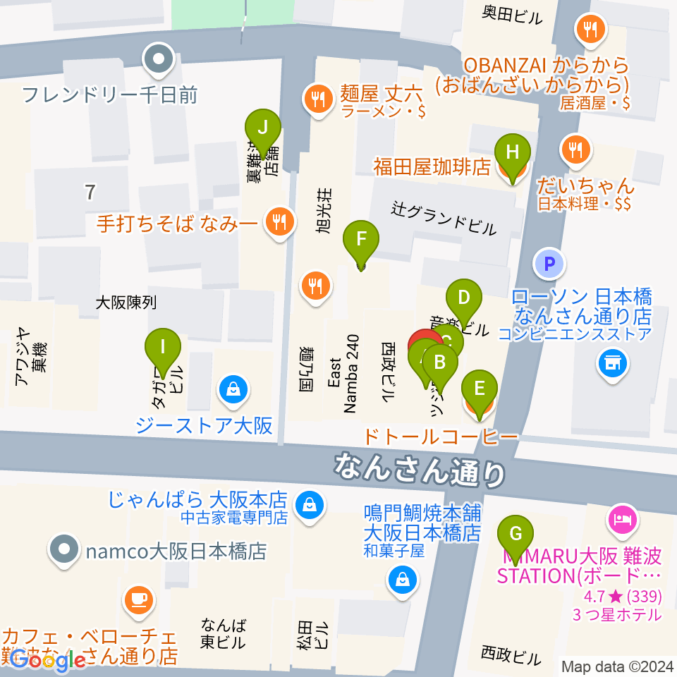 難波の楽器店テイクオフ周辺のカフェ一覧地図