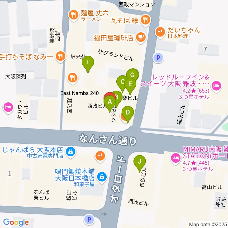 難波の楽器店テイクオフ周辺のカフェ一覧地図