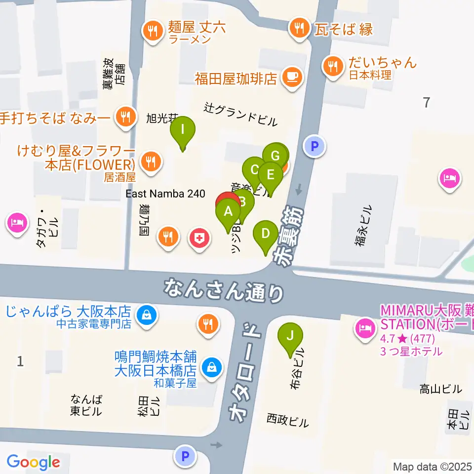難波の楽器店テイクオフ周辺のカフェ一覧地図