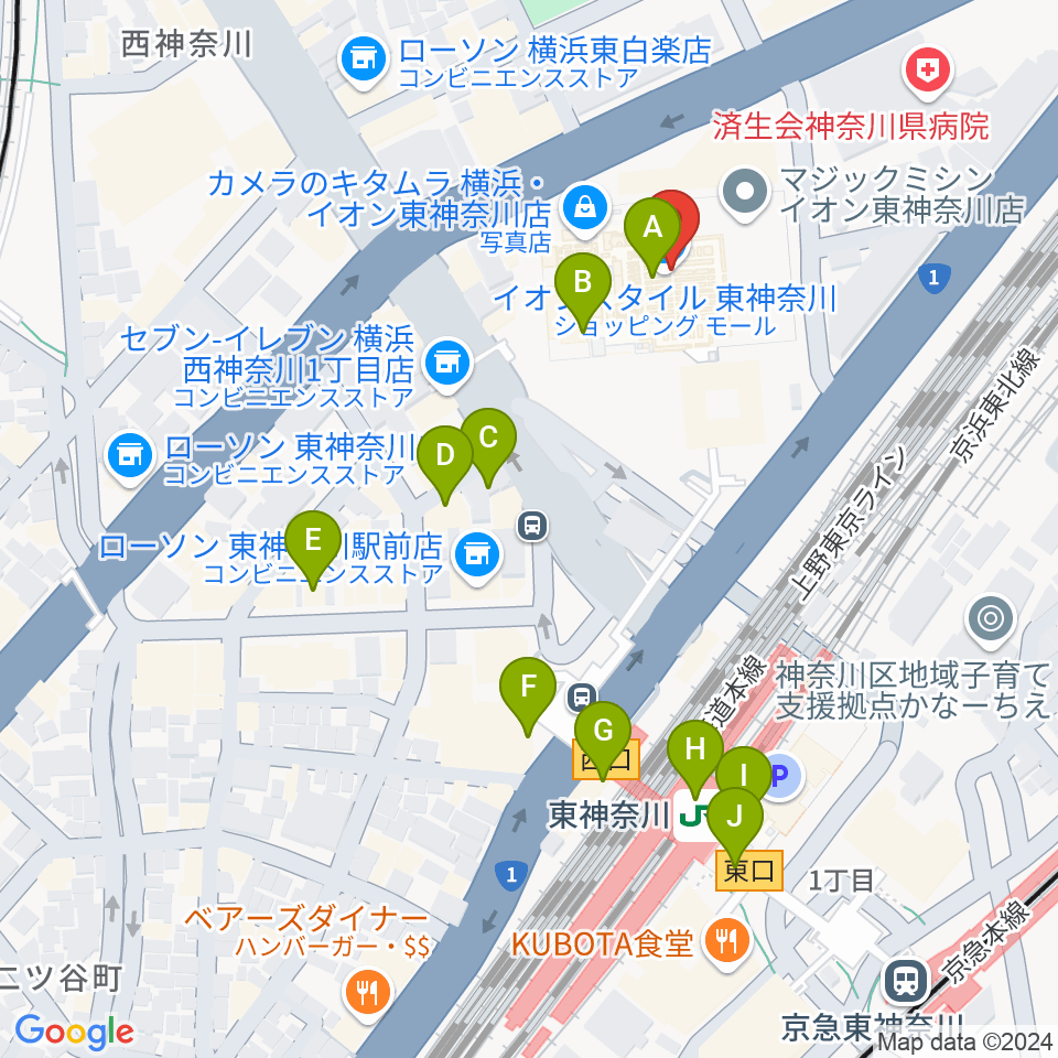 イオン東神奈川センター ヤマハミュージック周辺のカフェ一覧地図