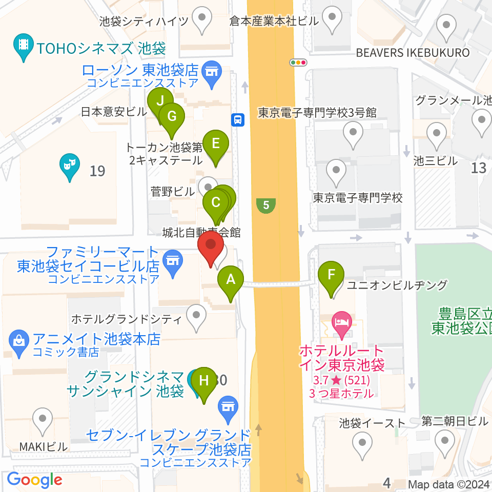 フジゲンカスタムハウス池袋周辺のカフェ一覧地図