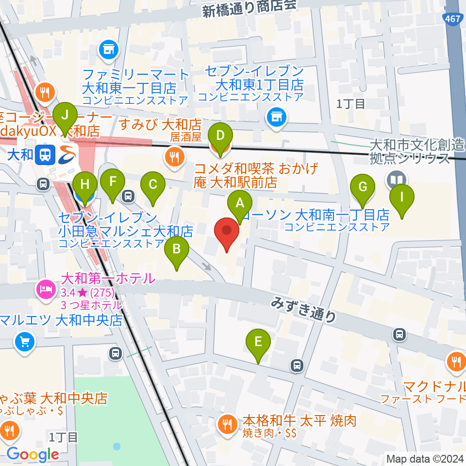 ユニスタイル大和 ヤマハミュージック周辺のカフェ一覧地図