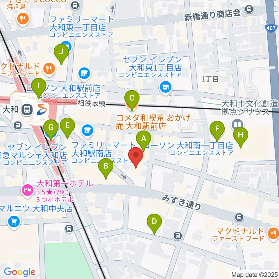 ユニスタイル大和 ヤマハミュージック周辺のカフェ一覧地図