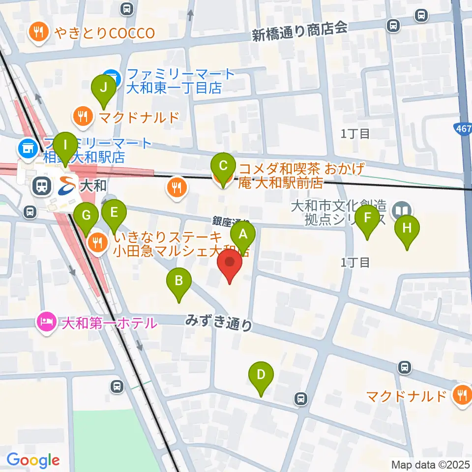 ユニスタイル大和 ヤマハミュージック周辺のカフェ一覧地図