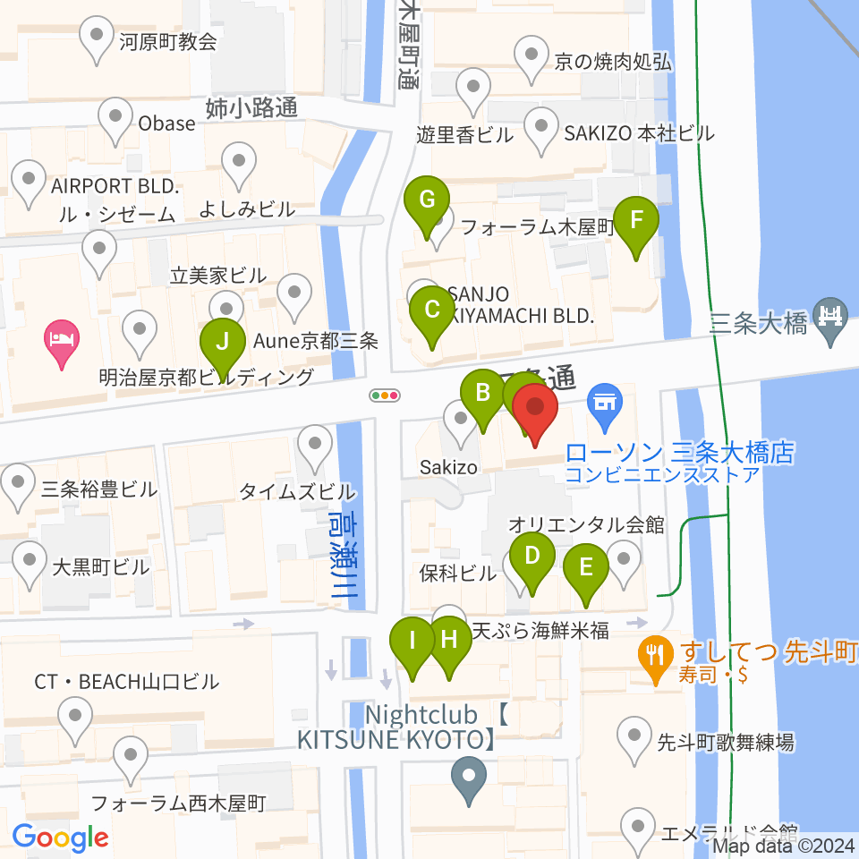 三条音楽院周辺のカフェ一覧地図