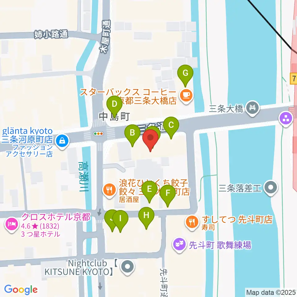 三条音楽院周辺のカフェ一覧地図