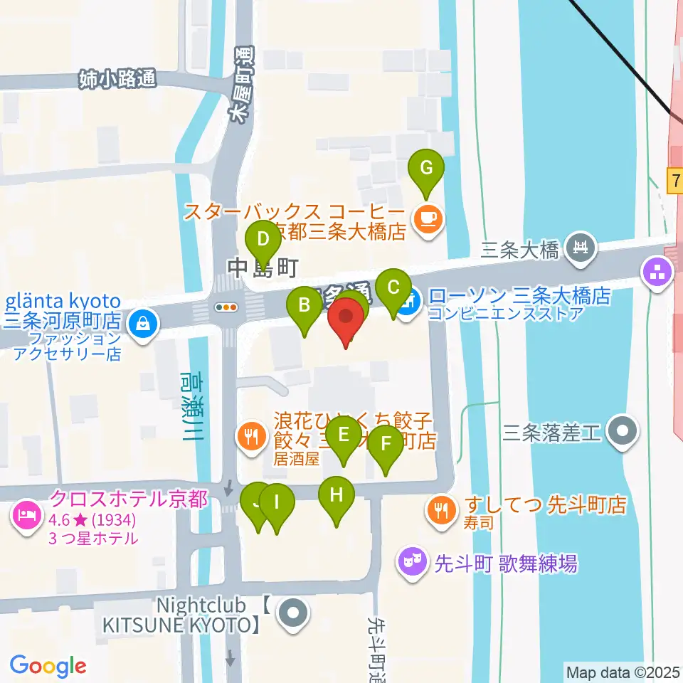 三条音楽院周辺のカフェ一覧地図