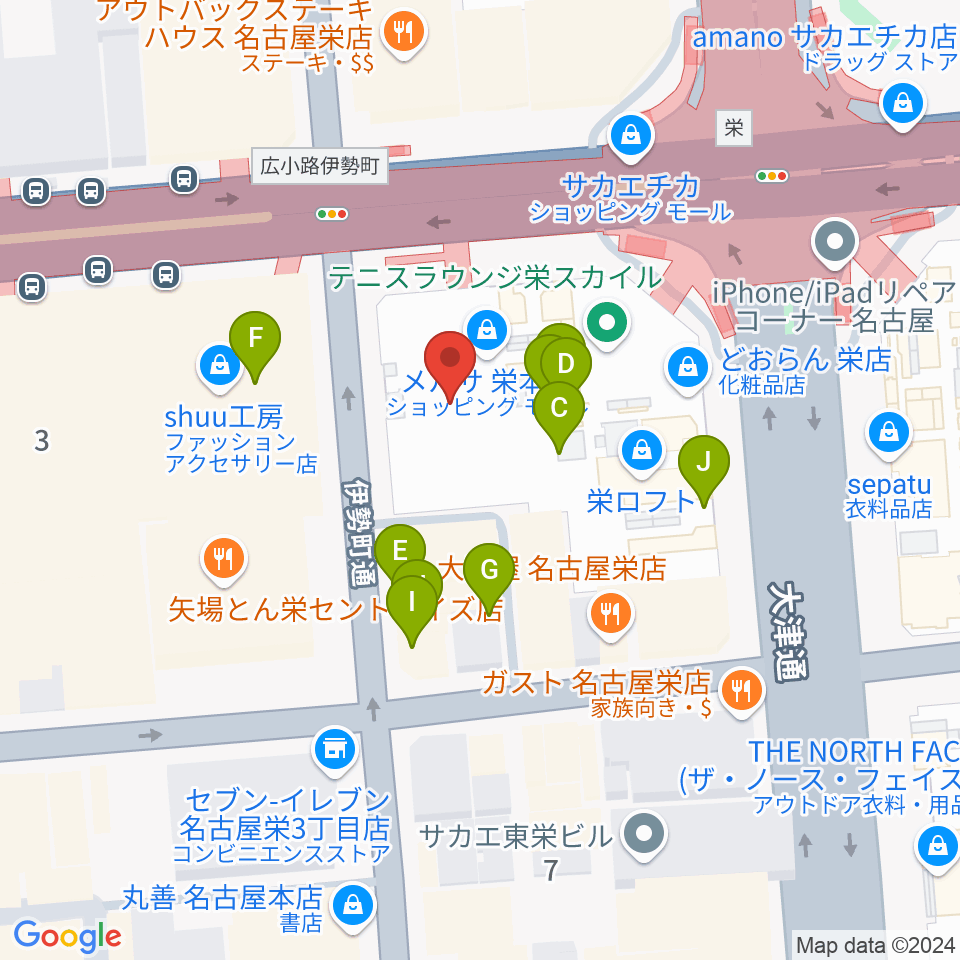 イシバシ楽器 名古屋栄店周辺のカフェ一覧地図