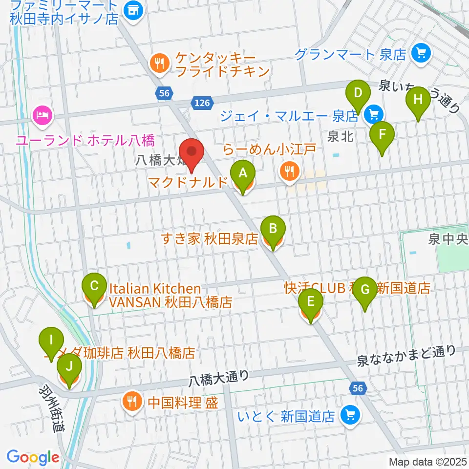 秋田北センター ヤマハミュージック周辺のカフェ一覧地図