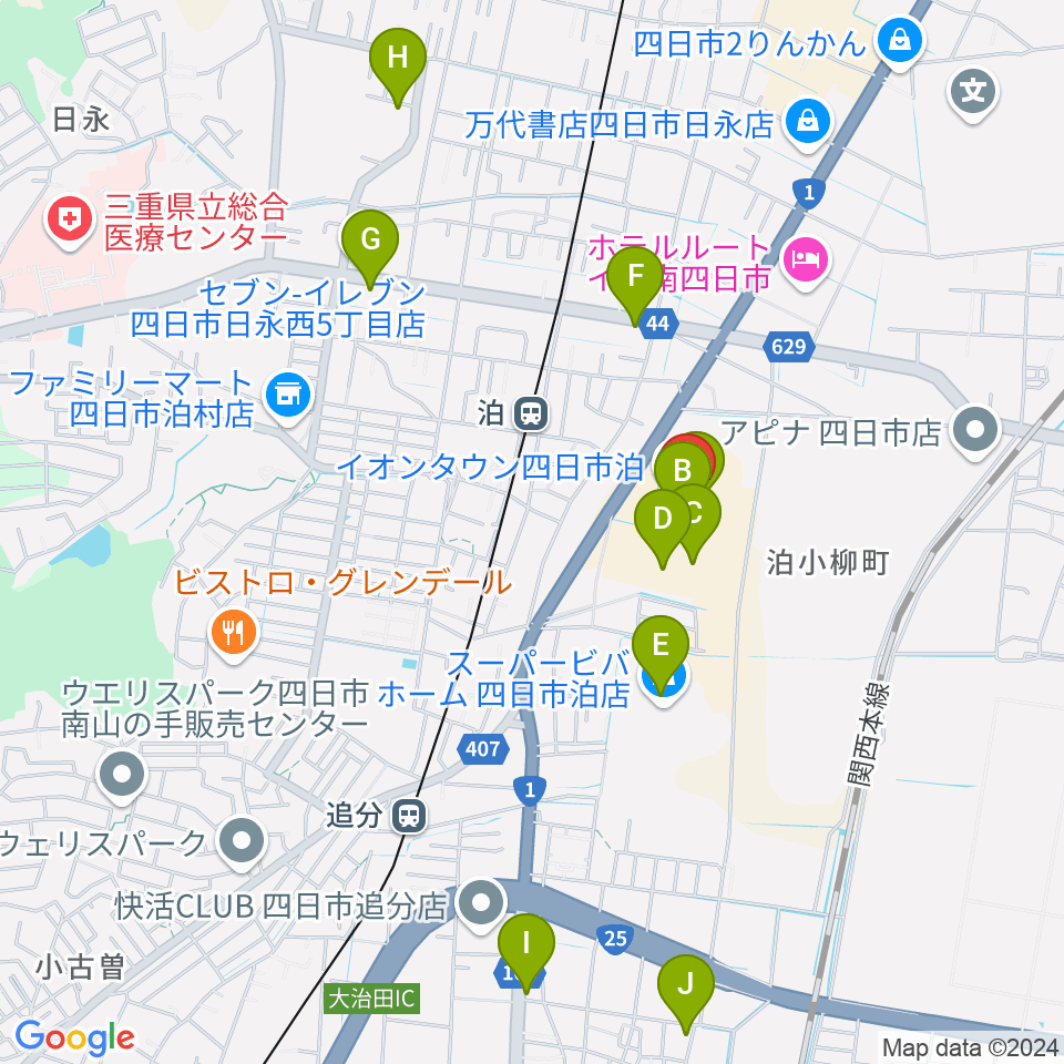 島村楽器イオンタウン四日市泊店周辺のカフェ一覧地図