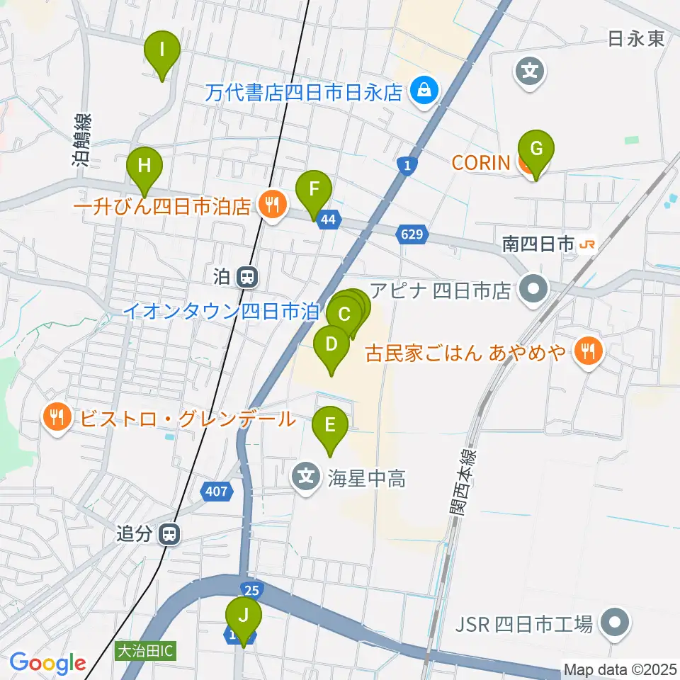 島村楽器イオンタウン四日市泊店周辺のカフェ一覧地図