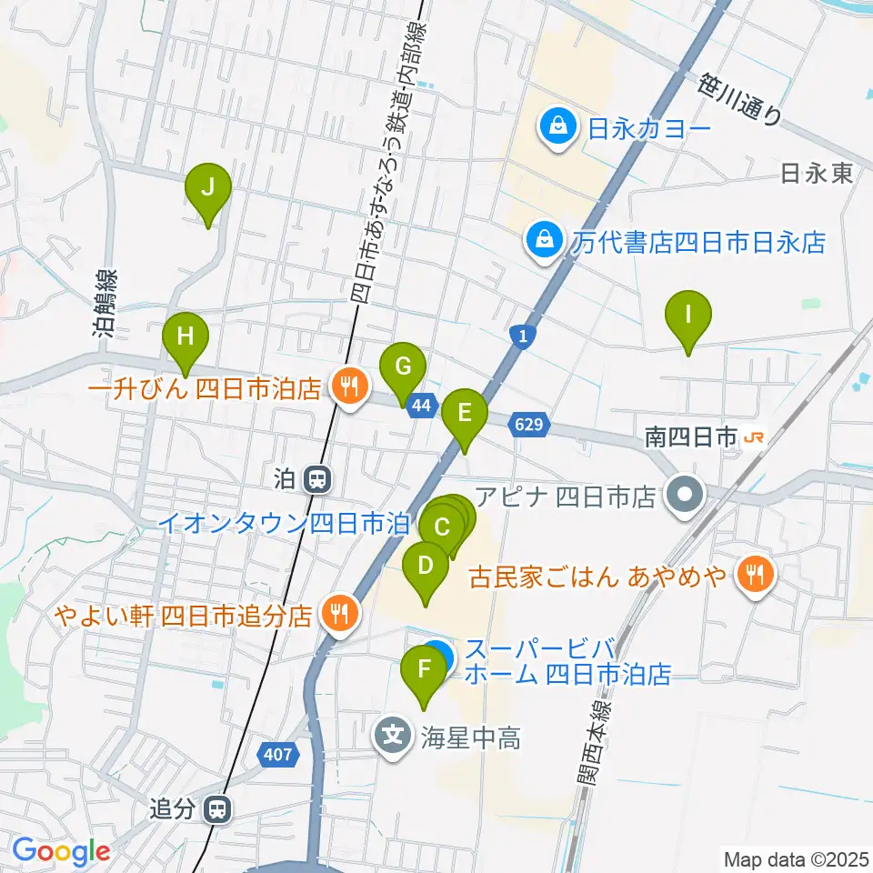 島村楽器イオンタウン四日市泊店周辺のカフェ一覧地図