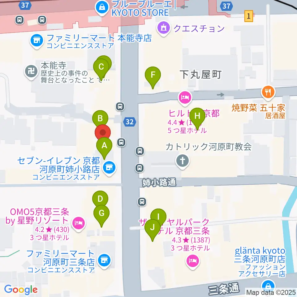 ロキシーミュージックスクール京都三条校周辺のカフェ一覧地図