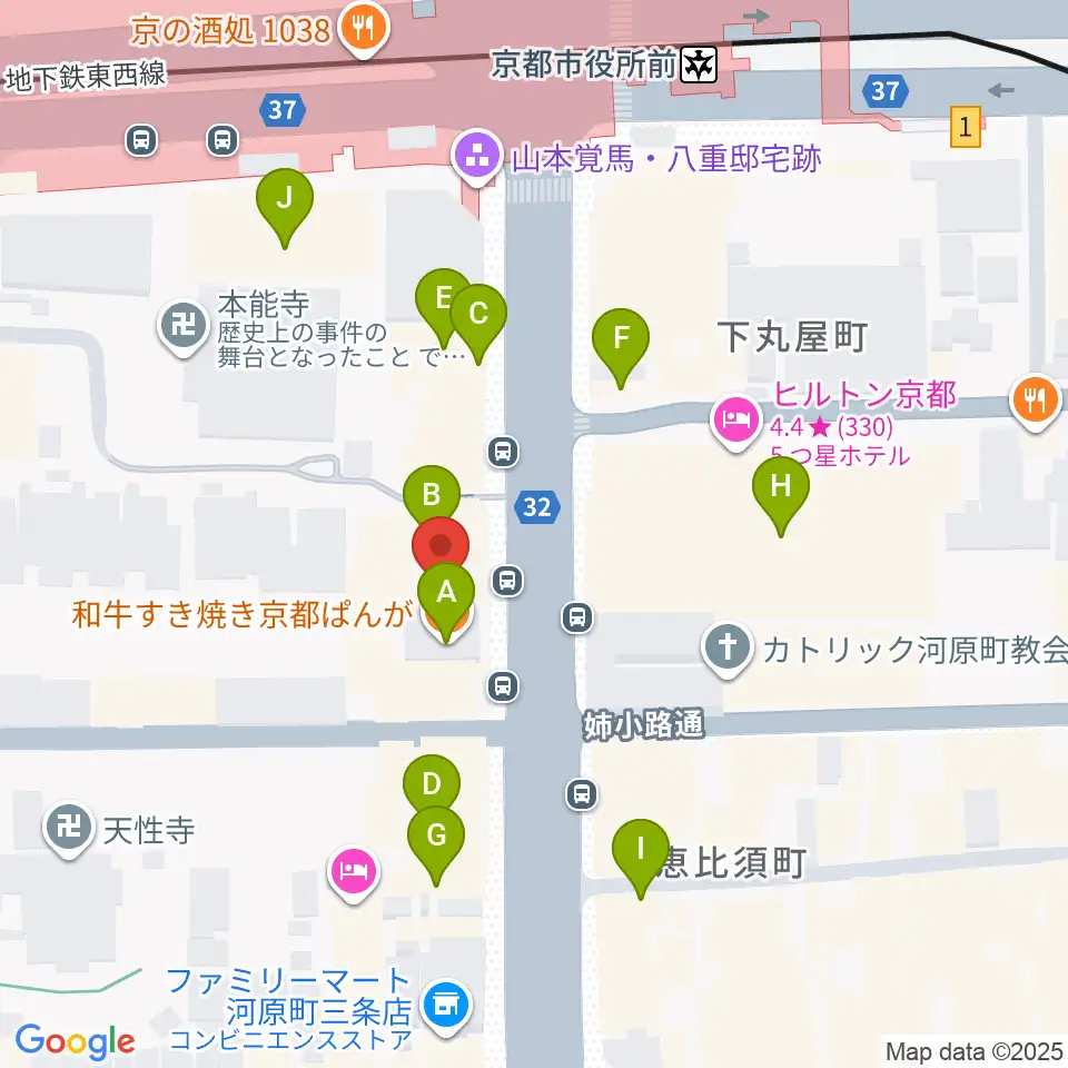 ロキシーミュージックスクール京都三条校周辺のカフェ一覧地図