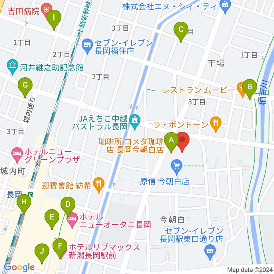 わたじん楽器 長岡店　周辺のカフェ一覧地図