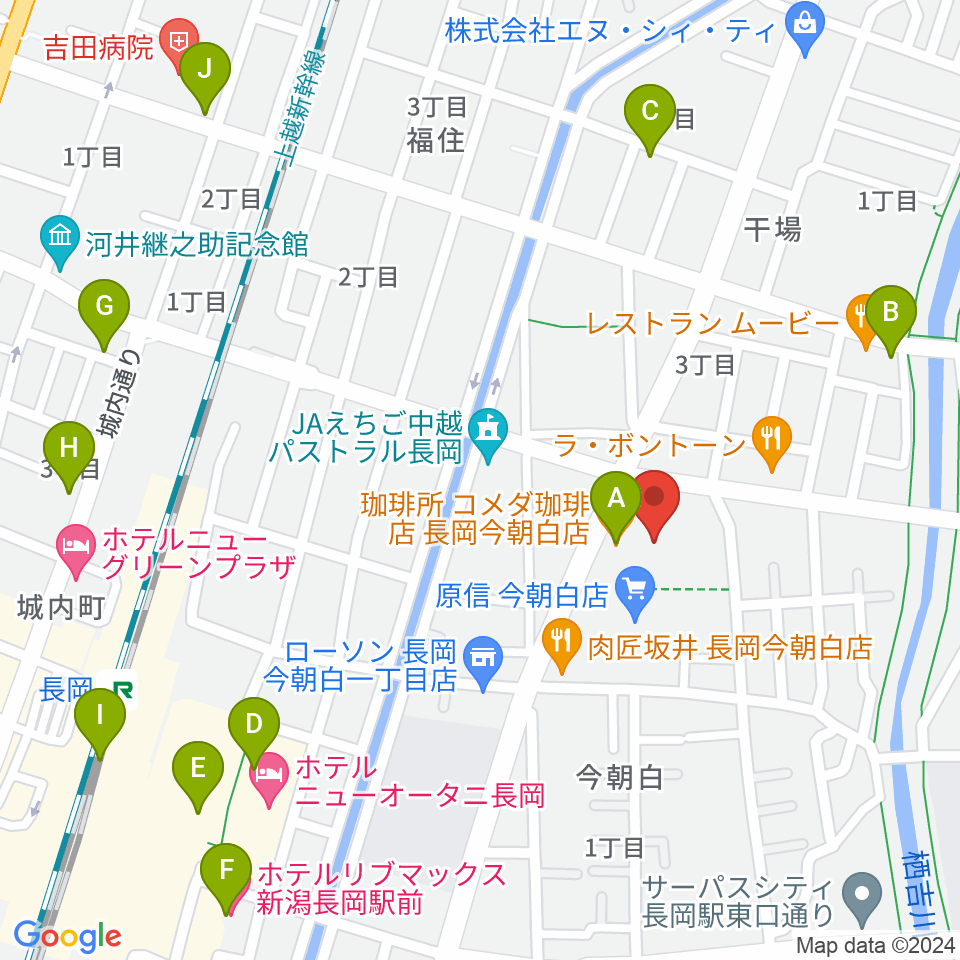 わたじん楽器 長岡店　周辺のカフェ一覧地図