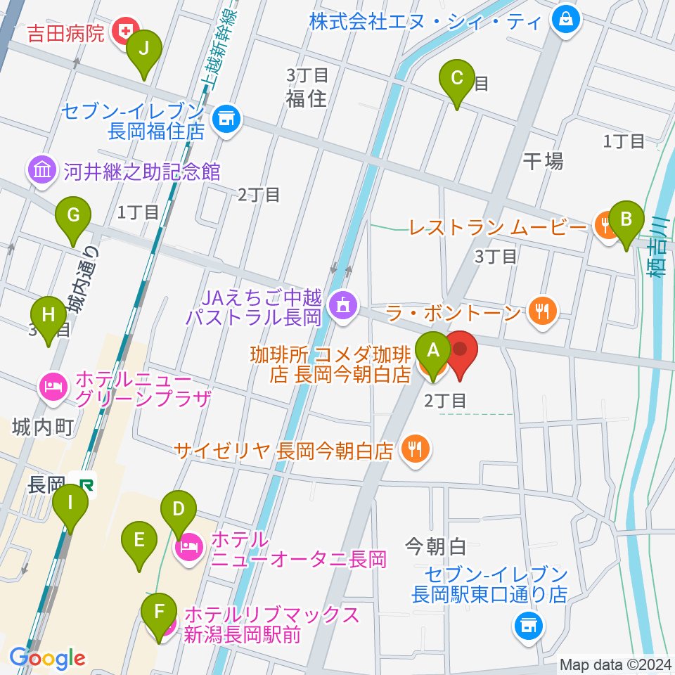 わたじん楽器 長岡店　周辺のカフェ一覧地図