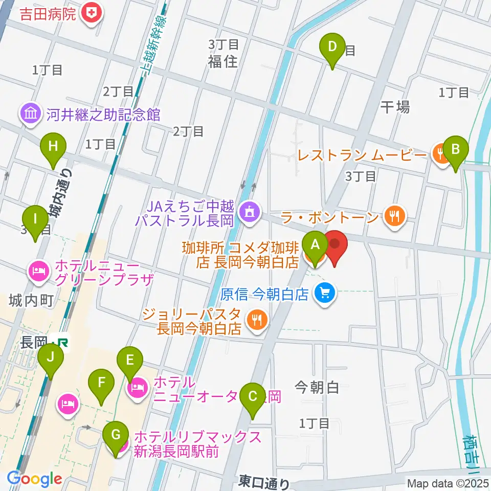 わたじん楽器 長岡店　周辺のカフェ一覧地図