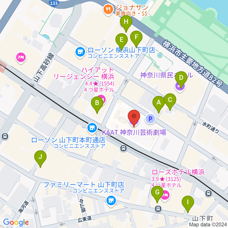 KAAT神奈川芸術劇場周辺のカフェ一覧地図