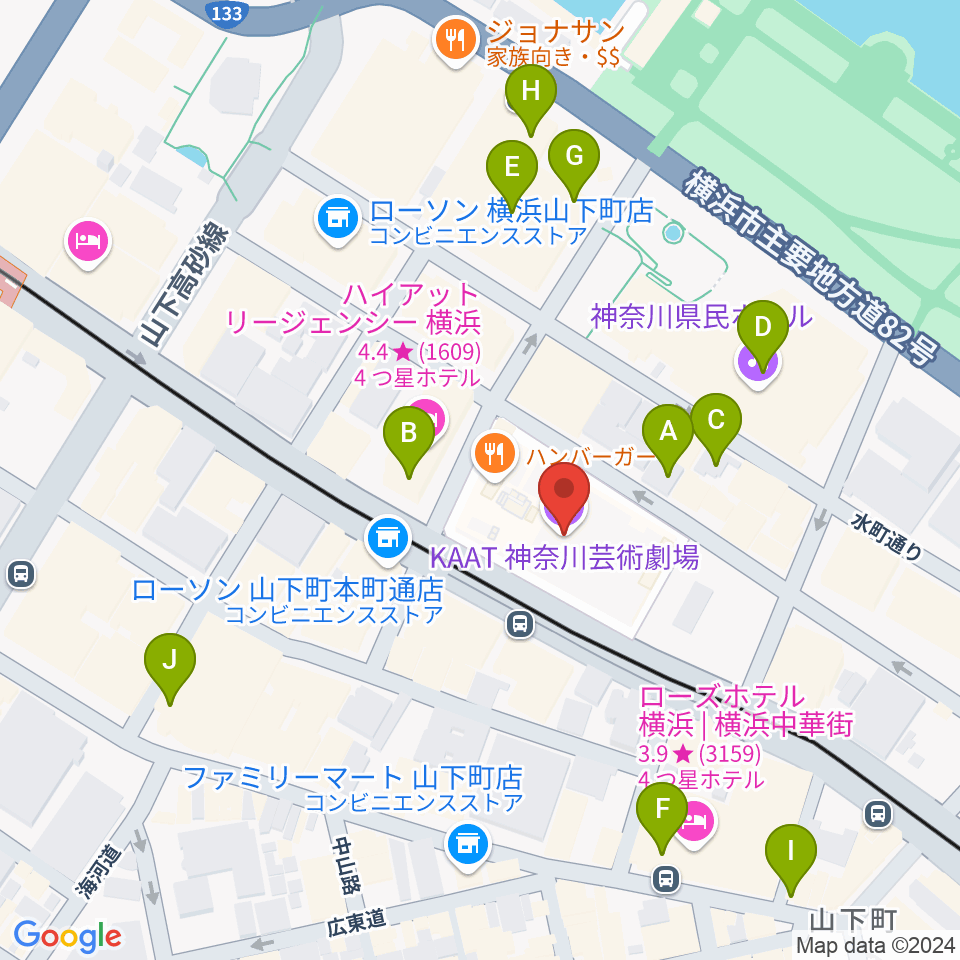 KAAT神奈川芸術劇場周辺のカフェ一覧地図