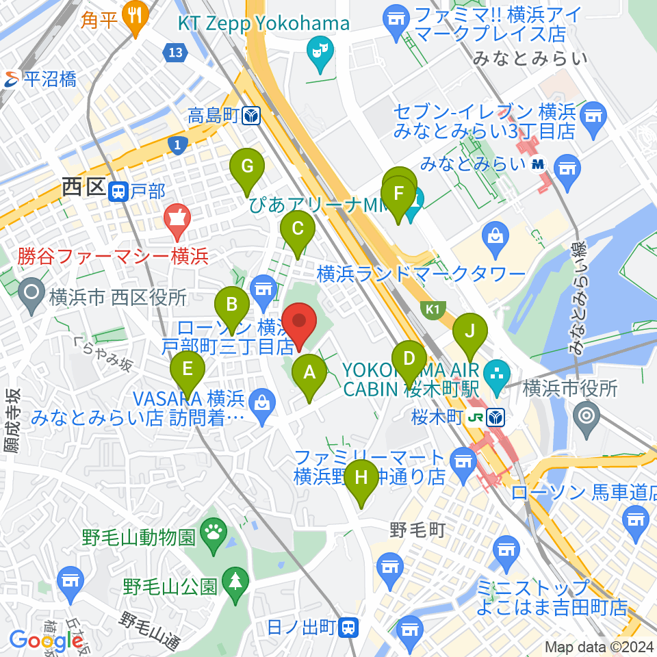 横浜能楽堂周辺のカフェ一覧地図