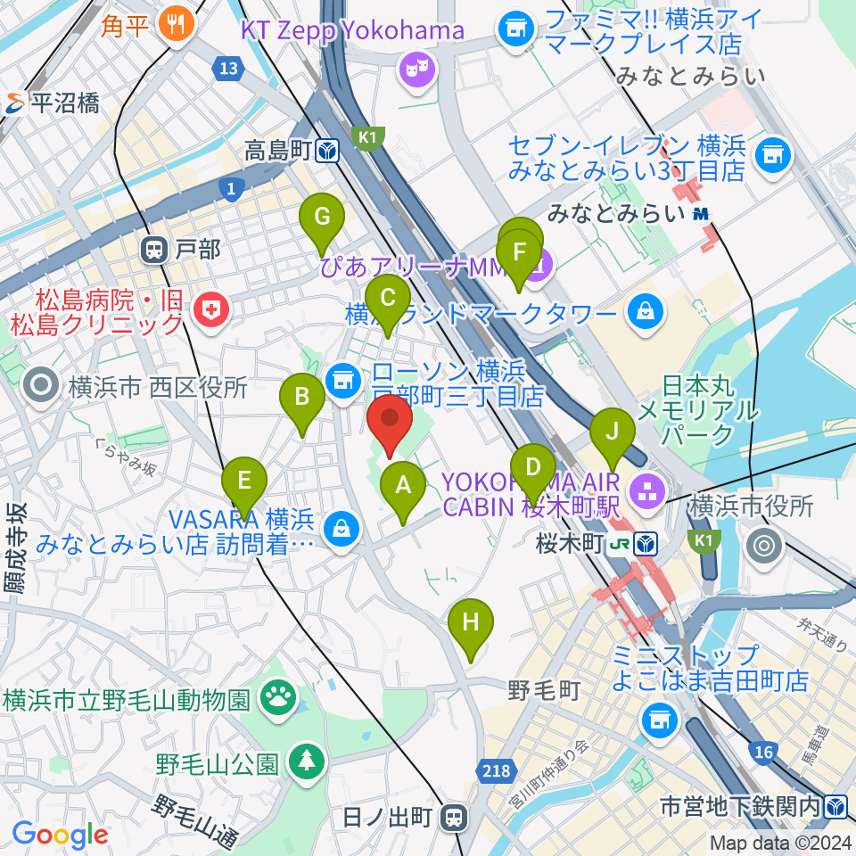 横浜能楽堂周辺のカフェ一覧地図