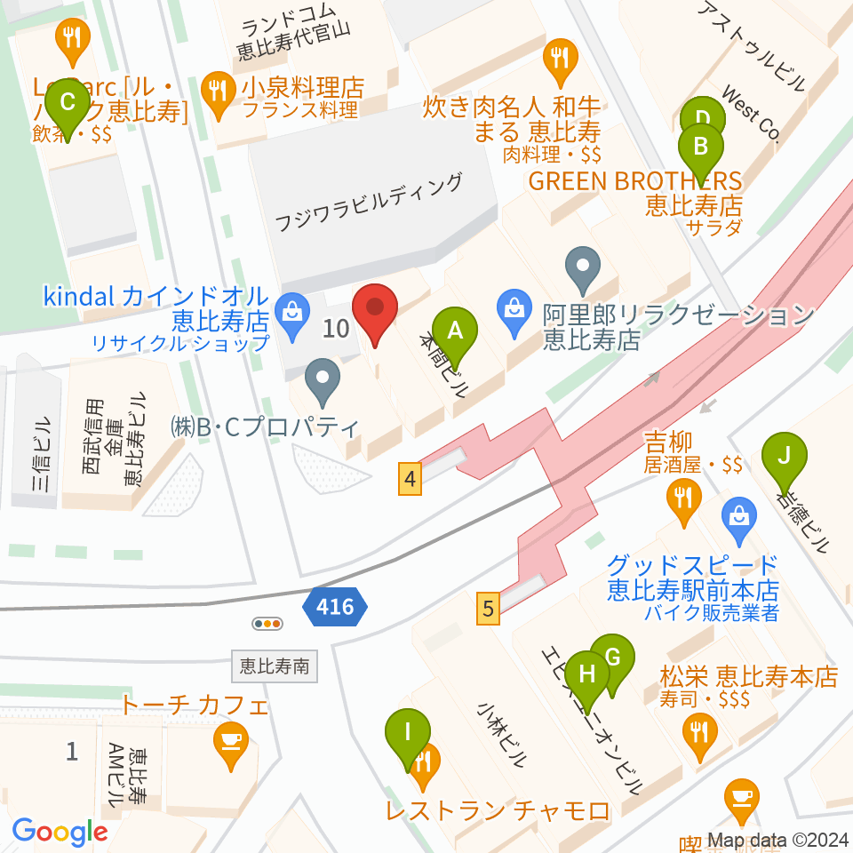 ドルフィンギターズ恵比寿店周辺のカフェ一覧地図