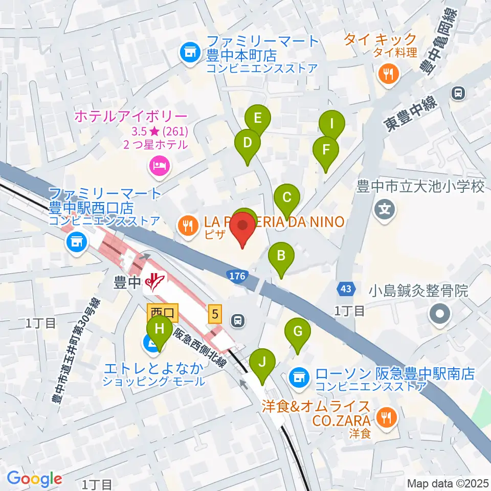 アミューズ豊中 ヤマハミュージック周辺のカフェ一覧地図