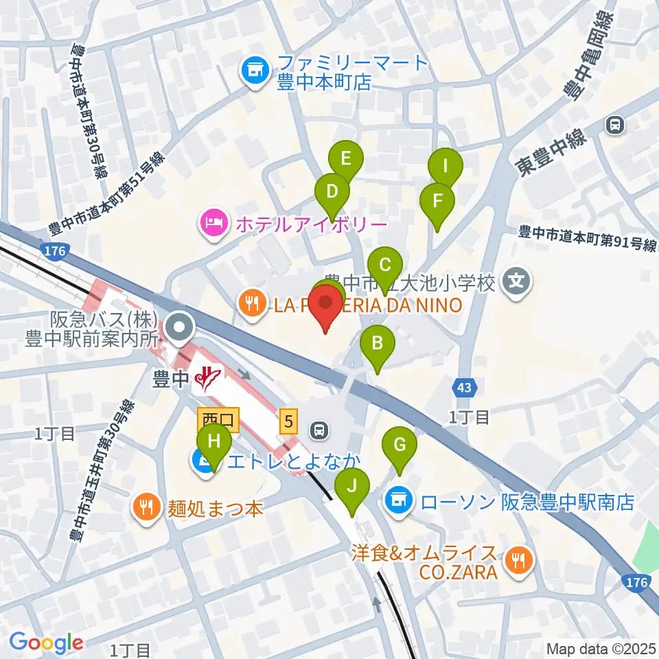 アミューズ豊中 ヤマハミュージック周辺のカフェ一覧地図